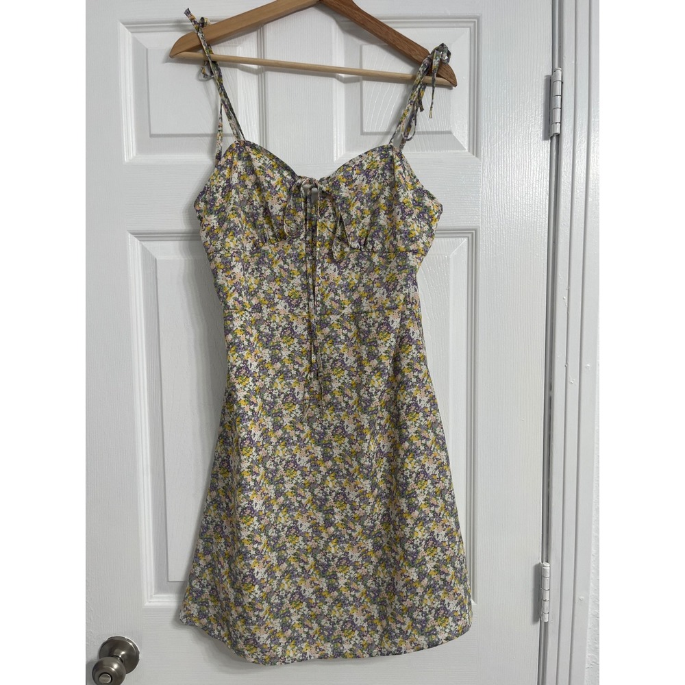 Dazy Floral Tie Strap Mini Dress Purple Yellow Ditsy Print Size L Sweetheart Tie